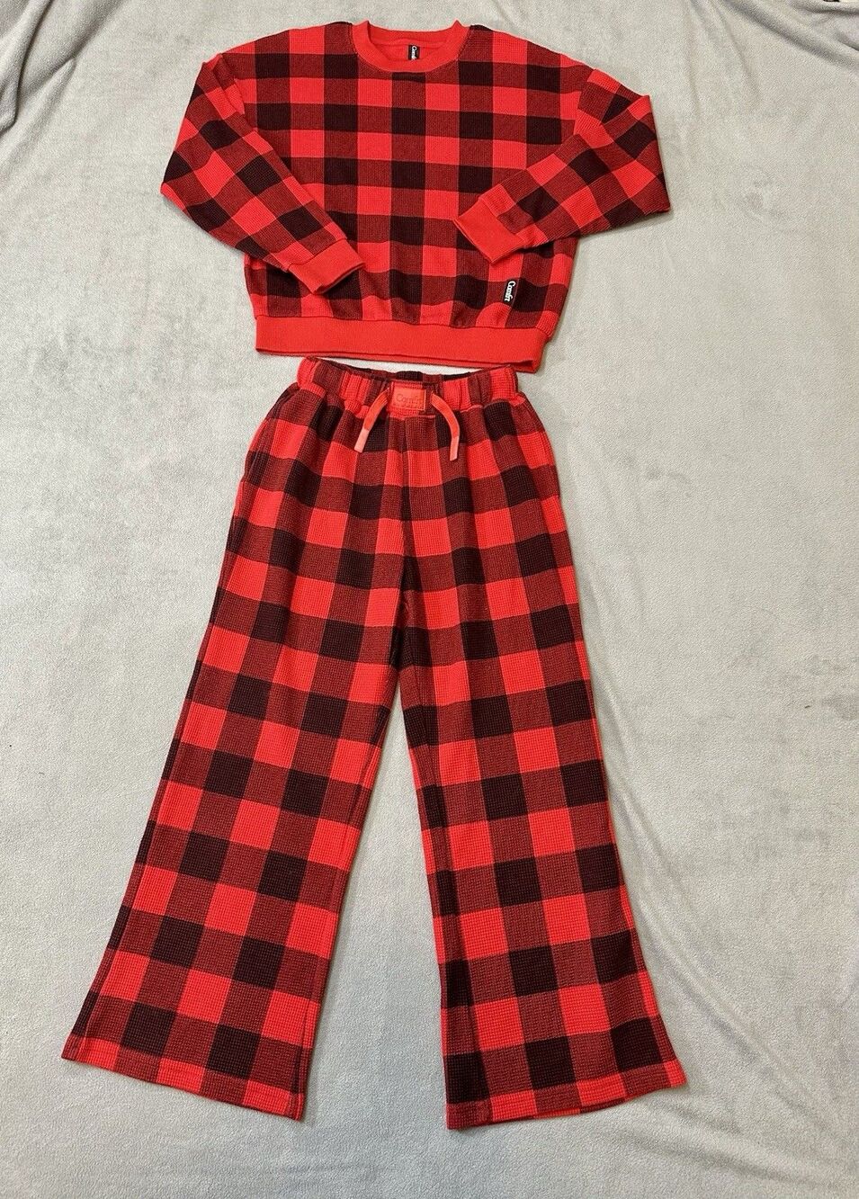 Comfrt Limited Edition Buffalo Plaid Waffle Lounge Set L Red Black 2 Pc
